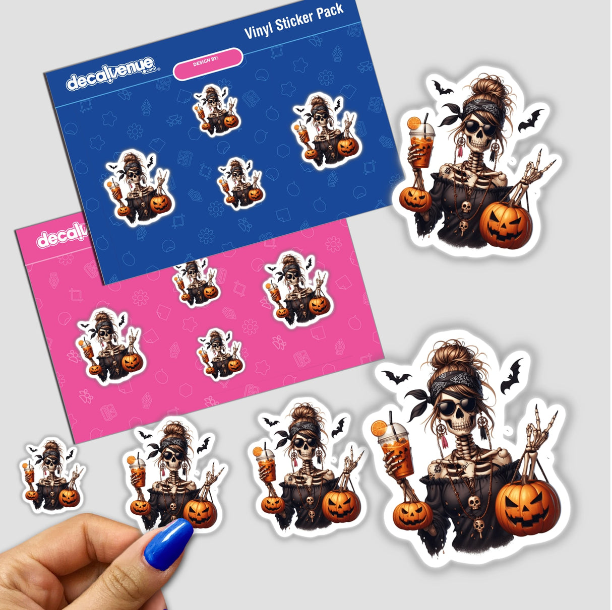 Halloween Skeleton Pirate Mama sticker pack featuring a woman in a skeleton outfit holding pumpkins and a drink, surrounded by bats and Halloween-themed elements. Available as stickers or digital artwork.