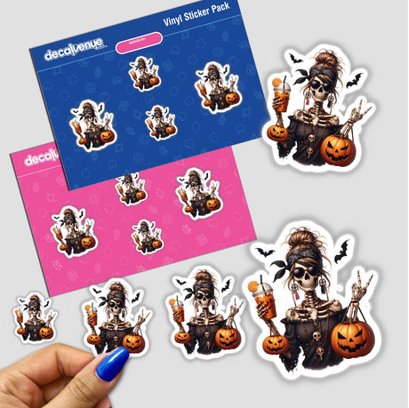 Halloween Skeleton Pirate Mama sticker pack featuring a woman in a skeleton outfit holding pumpkins and a drink, surrounded by bats and Halloween-themed elements. Available as stickers or digital artwork.