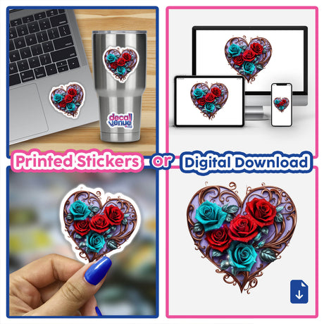 Bronze Heart with Red and Teal Roses on Lavender Background, featuring a vibrant collage of heart motifs and floral elements, available as unique stickers or digital artwork from Decal Venue.