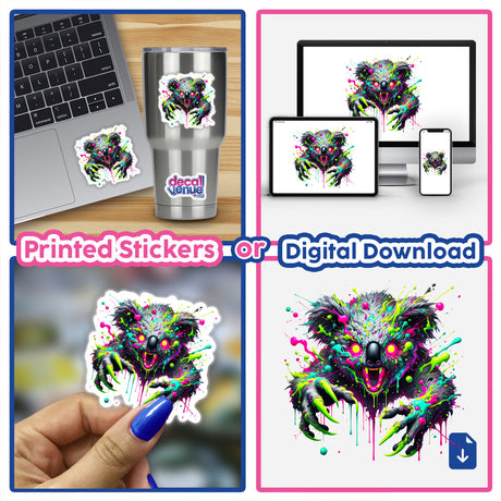 Psychedelic Drop Bear Cryptid sticker features a neon-colored koala with paint splatters. Available as a sticker or digital artwork, perfect for laptops or creative projects.