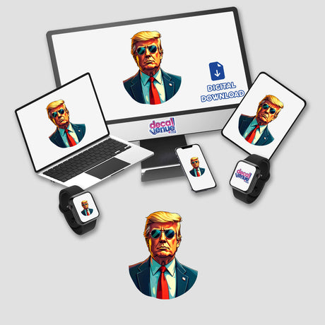 President Donald Trump digital artwork displayed on a laptop and smartwatch, featuring him in a suit and sunglasses, available as stickers or digital artwork from Decal Venue.