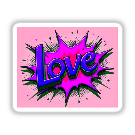 Love Valentine's Day-themed graffiti-style artwork featuring vibrant purple and green text on a dynamic pink background, available as stickers or digital artwork from Decal Venue.