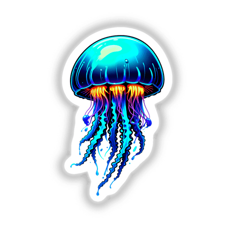 Blue Jellyfish sticker or digital artwork, showcasing vivid orange tentacles against a bioluminescent backdrop. Perfect for fans of marine invertebrates, offered by Decal Venue's unique collection.