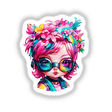 Cyberpunk Cutie: Pink-Haired Girl with Rainbow Floral Splash, featuring a cartoon girl with pink hair and colorful glasses. Available as stickers or digital artwork.