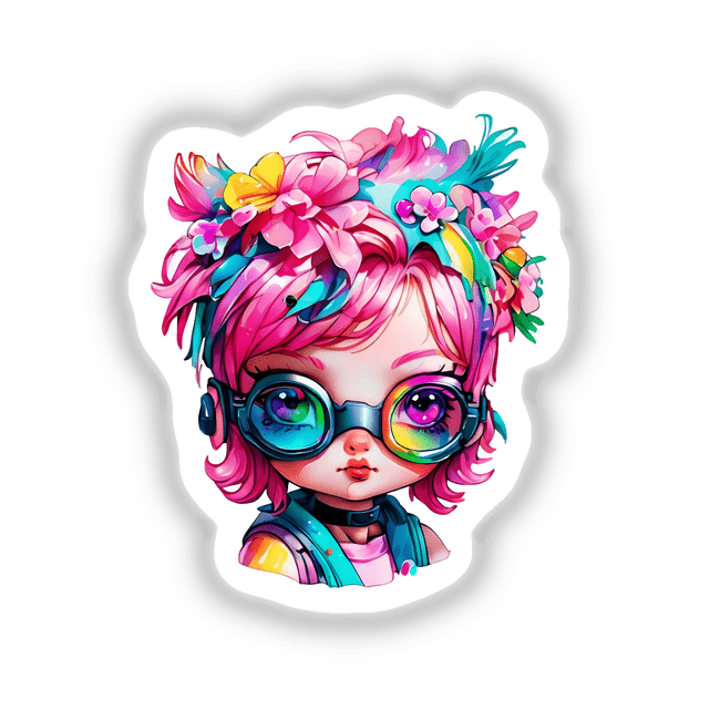 Cyberpunk Cutie: Pink-Haired Girl with Rainbow Floral Splash, featuring a cartoon girl with pink hair and colorful glasses. Available as stickers or digital artwork.