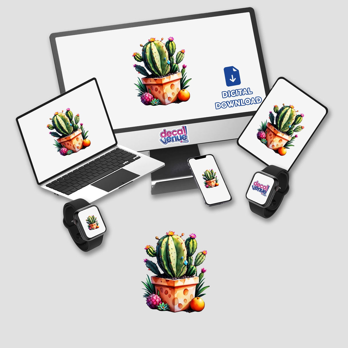 Exotic Tropical Cactus Sticker displayed on a computer monitor and laptop screen, showcasing digital artwork with botanical themes, ideal for plant enthusiasts and art lovers. Available as stickers or digital artwork.