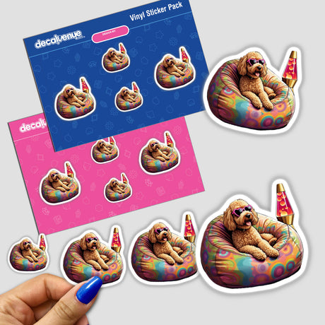 Goldendoodle Relaxing On Colorful Bean Bag Sticker Pack, featuring a dog wearing pink sunglasses, ideal for fans of quirky, unique vinyl stickers from Decal Venue.