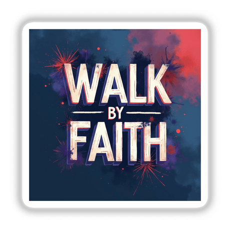 Walk by Faith Christian Sticker featuring bold white letters on a vibrant background, designed with Bible verse themes, available as both stickers or digital artwork with commercial rights.