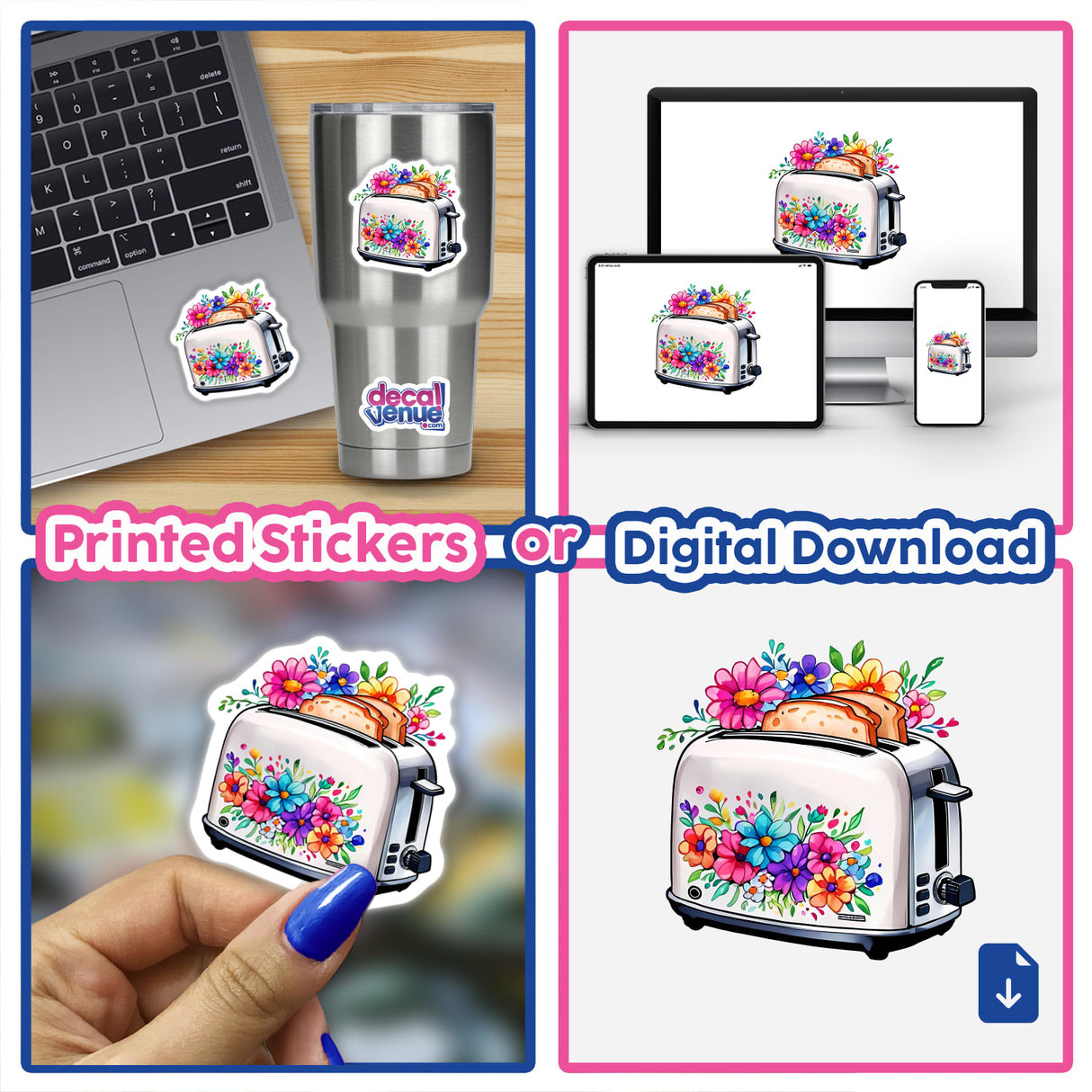 Blossoming Breakfast: Cute Toaster with Floral Splash - a collage featuring a toaster with floral designs, suitable as stickers or digital artwork, alongside a laptop with a sticker.