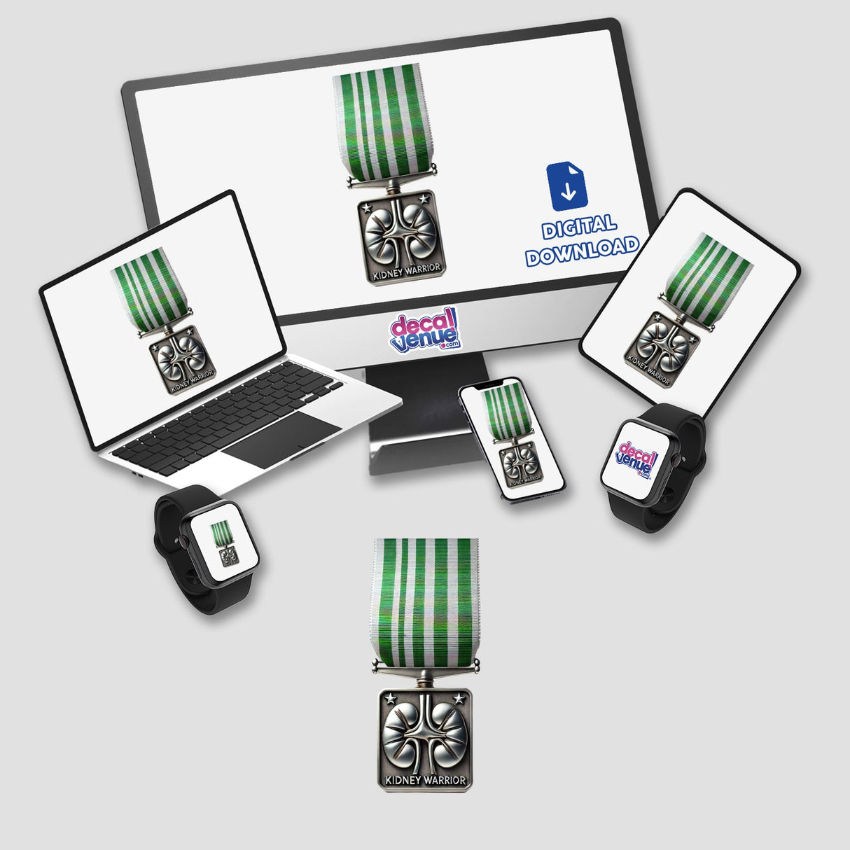 Green and white striped kidney warrior medal sticker with metal emblem, shown on various digital devices including laptops, smartphones, and smartwatch - reflecting the digital download product format from the Decal Venue store.