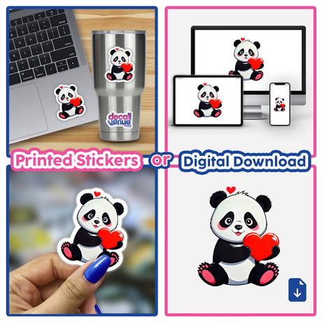 Cute Panda Bear With Love Hearts sticker displayed on a laptop, showcasing a cartoon panda holding a heart. Available as stickers or digital artwork from Decal Venue.