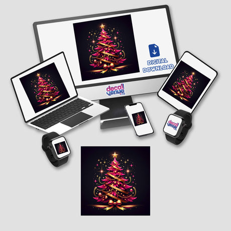 Pink and Gold Christmas Tree displayed on multiple electronic devices, highlighting its availability as stickers or digital artwork, capturing the festive essence of Decal Venue's unique designs.