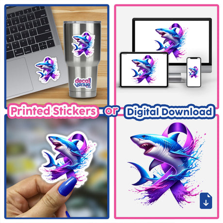 Shark Purple Ribbon sticker, featuring a shark with a purple ribbon, ideal for laptops, cups, and phones. Available as vinyl stickers or digital artwork from Decal Venue.