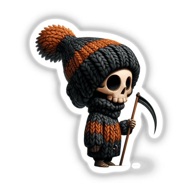 Whimsical skeleton gnome holding a tiny scythe, in a knitted black and orange outfit with a pom-pom hat.