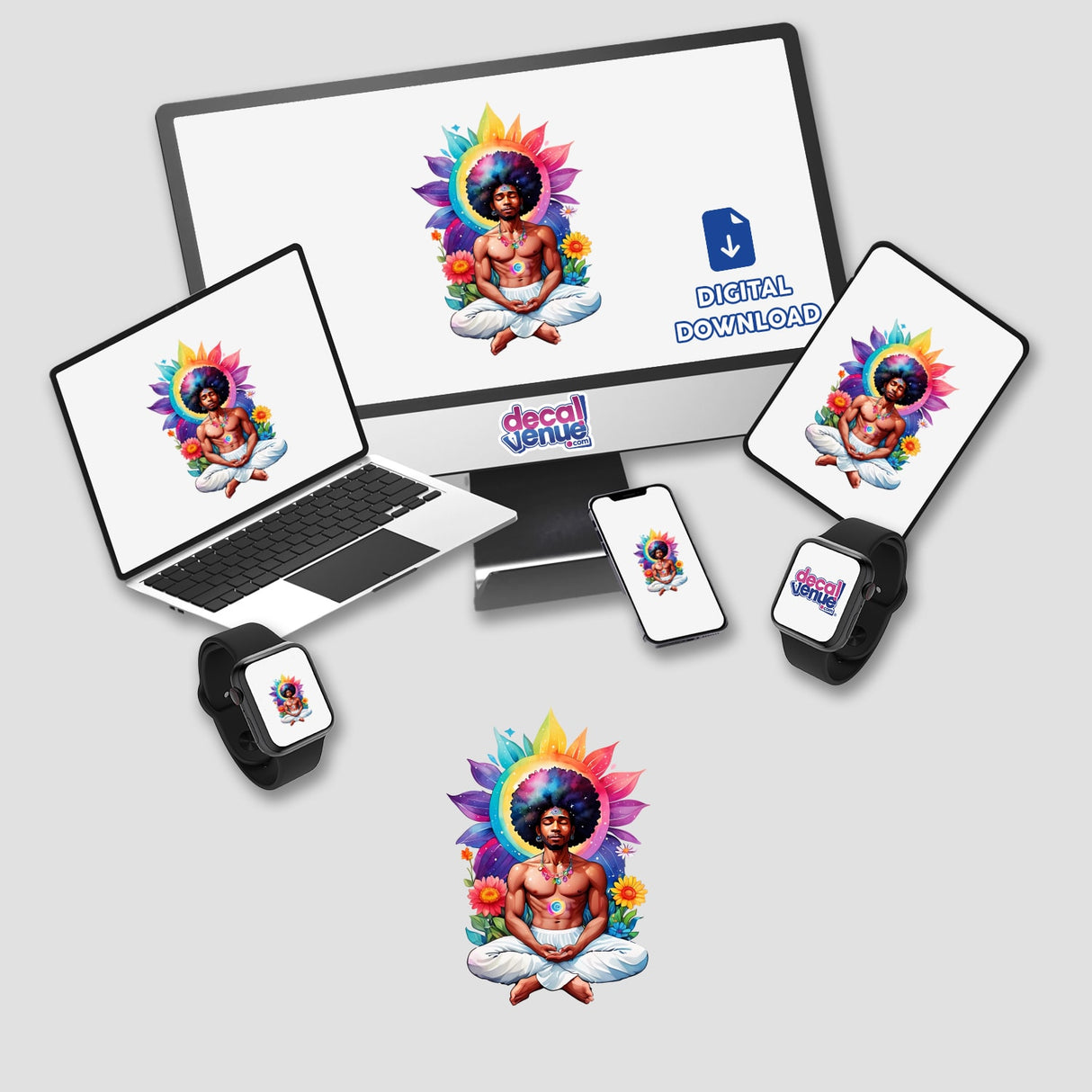 Sticker Design: Man Meditating in Space Against a Vibrant Floral Background; shown on various devices like a computer monitor, laptop, tablet, and smartphone, highlighting its versatility as stickers or digital artwork.