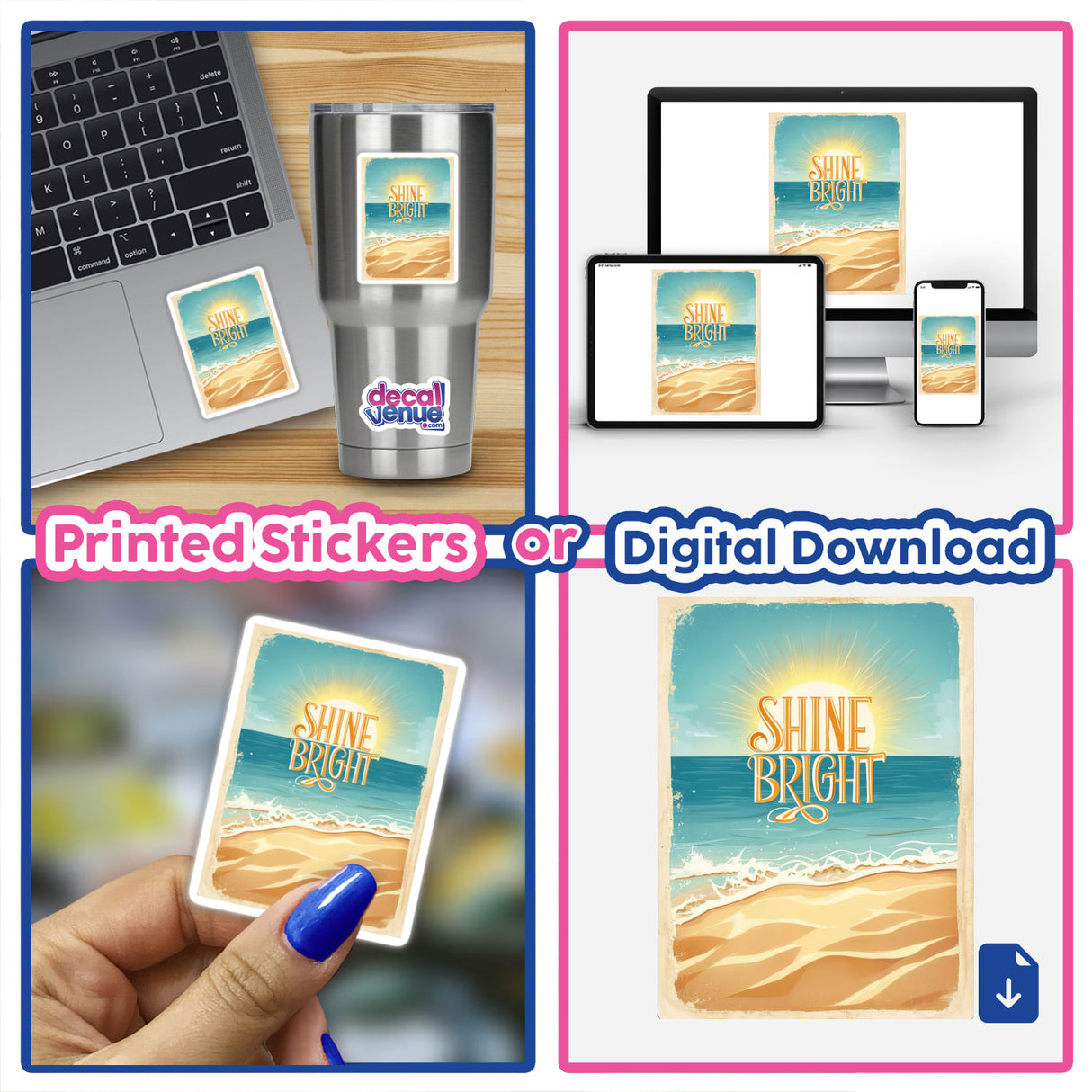 Collage featuring a laptop adorned with a Sunlit Beach Scene with ‘Shine Bright’ Typography sticker, highlighting its vibrant design, available as stickers or digital artwork from Decal Venue.