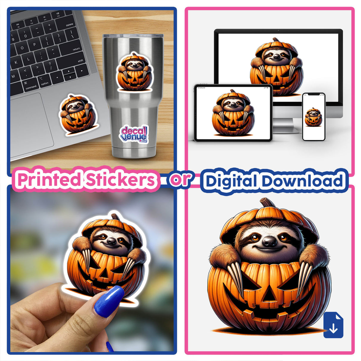 Digital artwork of a sloth peeking out of a pumpkin for Halloween, showcased on a laptop, mobile devices, and as a printed sticker.