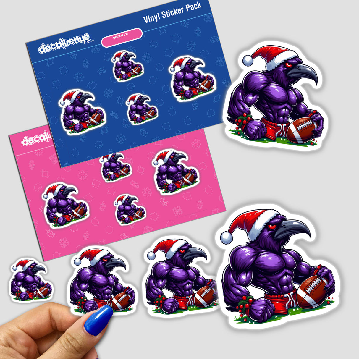 Sticker featuring 'Muscular Purple Raven Bird in Santa Hat' holding a football, showcasing Decal Venue's unique cartoon sticker collection.