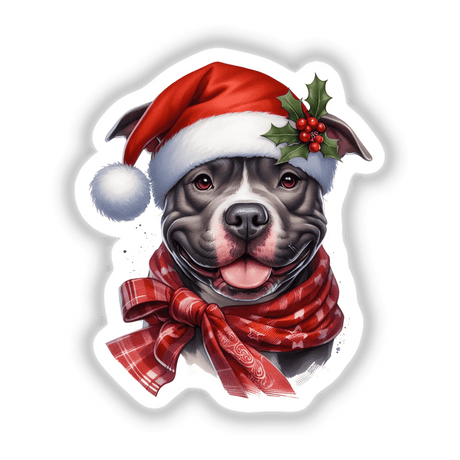 Christmas Pitbull Dog in Santa Hat sticker features a close-up of a dog wearing a festive Santa hat and scarf, highlighting its nose and eyes, available from Decal Venue's unique collection.