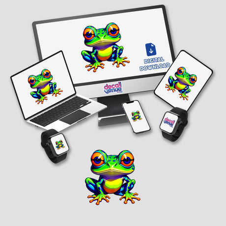 A Colorful Jungle Frog displayed on a computer monitor and laptop, showcasing its cartoon-style design. Available as stickers or digital artwork, reflecting Decal Venue's unique collection.