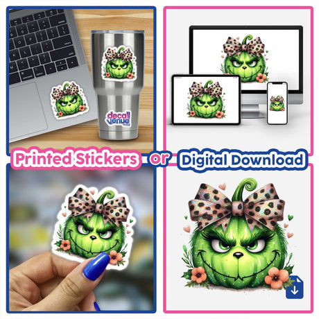 Leopard Bow Green Glittery Grouch Pumpkin Face stickers and digital artwork featuring a cartoon pumpkin with a bow, depicted on various items like laptops and fingernails.