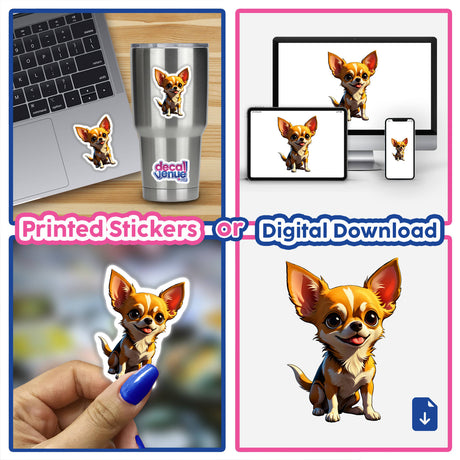 Cute Chihuahua sticker collage featuring laptops and cups adorned with the cartoon dog design, available as vinyl stickers or digital artwork from Decal Venue.