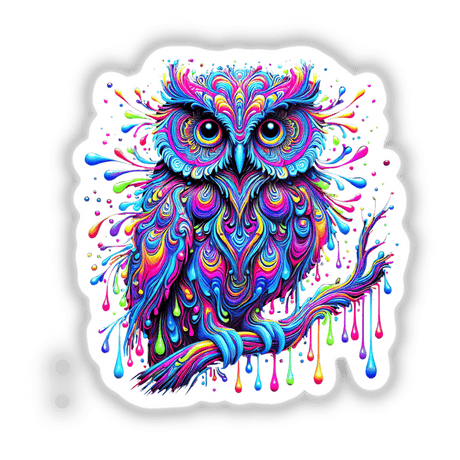 Vibrant Psychedelic Drip Owl - Colorful Trippy Bird depicted as a lively, artistic owl illustration available as stickers or digital artwork.