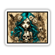 Beauty and the Skulls: A cartoon featuring a girl with blue hair adorned with skulls and flowers, available as stickers or digital artwork from Decal Venue.