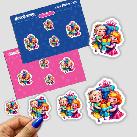 Gift-Giving Joy: Cute Kids with Presents stickers featuring cartoon girls holding presents, available as individual stickers or in a pack.