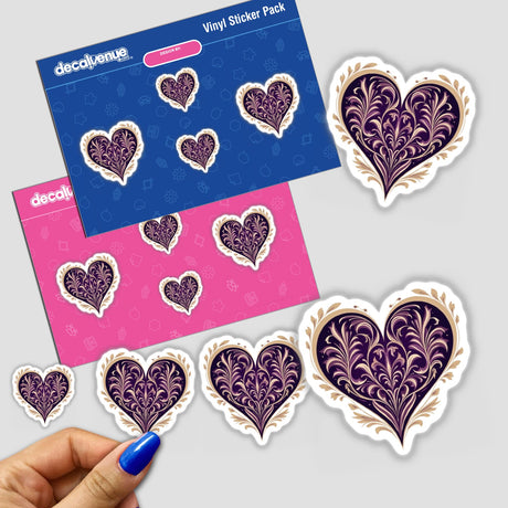 Elegant Purple and Gold Aesthetic Heart Clipart Stickers or Commercial Use Download, featuring a hand holding a pack of heart-shaped stickers with intricate swirl designs.