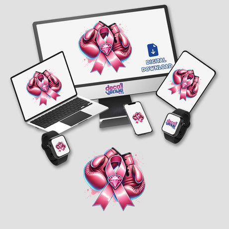 Pink Breast Cancer Ribbon and Gloves depicted as digital artwork; features pink boxing gloves and a ribbon on a computer monitor and laptop. Available as stickers or digital artwork.