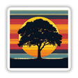 Tree Silhouette with Colorful Horizontal Stripes, available as stickers or digital artwork, depicting a tree against a vibrant sunset background.