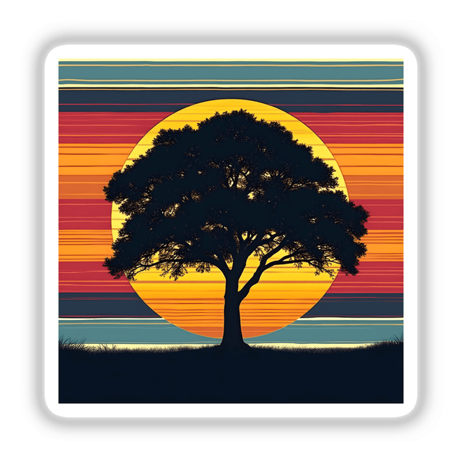 Tree Silhouette with Colorful Horizontal Stripes, available as stickers or digital artwork, depicting a tree against a vibrant sunset background.