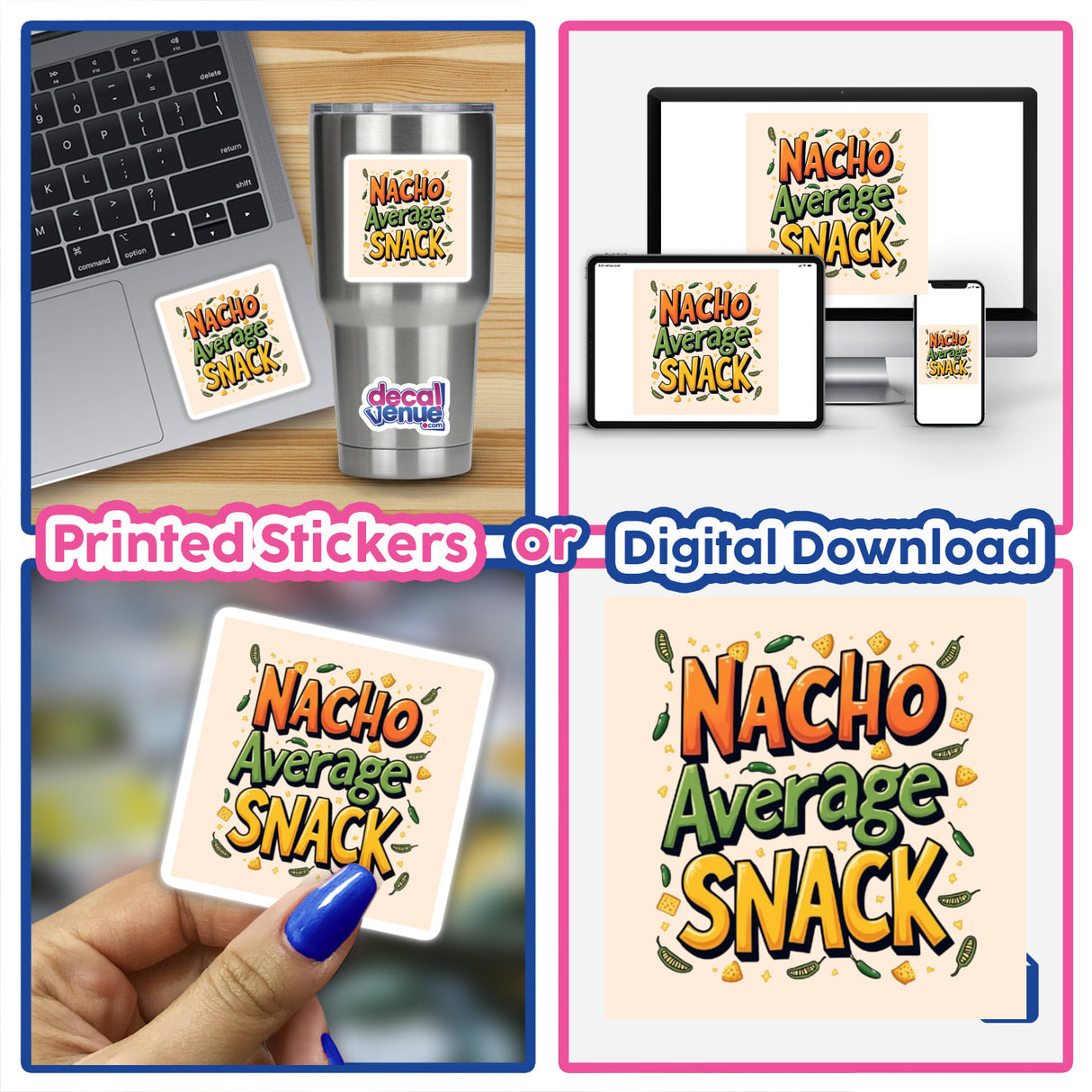 Nacho Average Snack sticker featuring a humorous nacho theme, ideal for nacho enthusiasts. Available as a sticker or digital artwork, perfect for adding personality to laptops or digital projects.