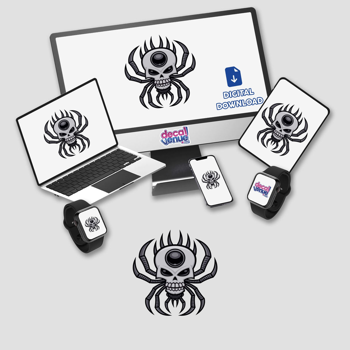 Sticker pack featuring the Skull Spider design, showcasing a cartoon skull with spider elements on a computer and laptop screen. Ideal for fans of unique digital art decals.