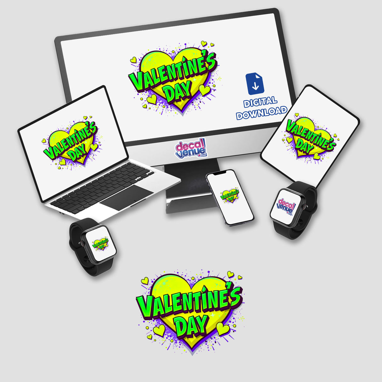 Valentine's Day Love Heart digital artwork featuring a yellow and green heart on a computer screen, alongside a laptop and smartphone, ideal for stickers or digital art from Decal Venue.