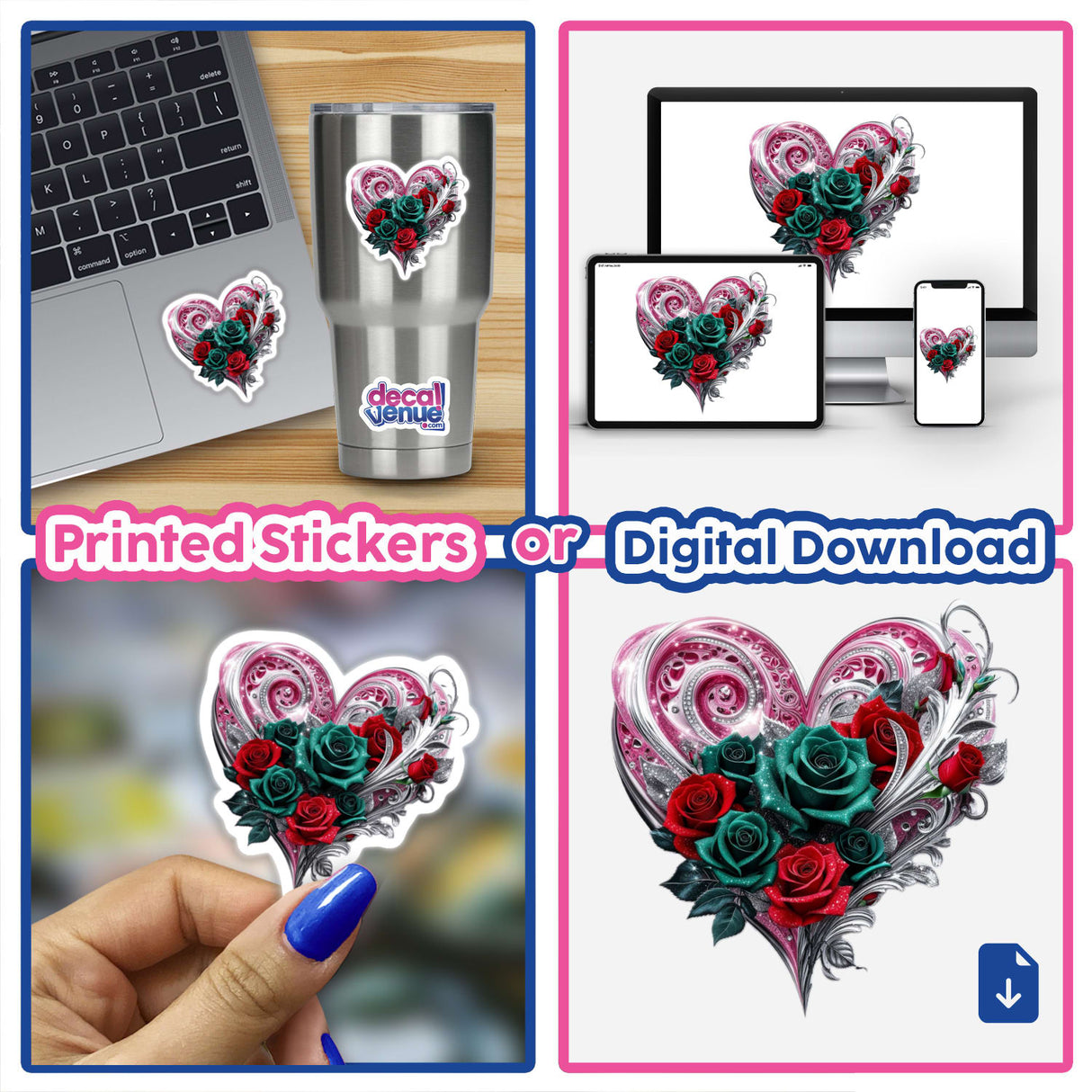 Pink Silver Heart with Red and Green Roses sticker, featuring intricate floral designs, displayed on a laptop and phone. Available as a sticker or digital artwork from Decal Venue.