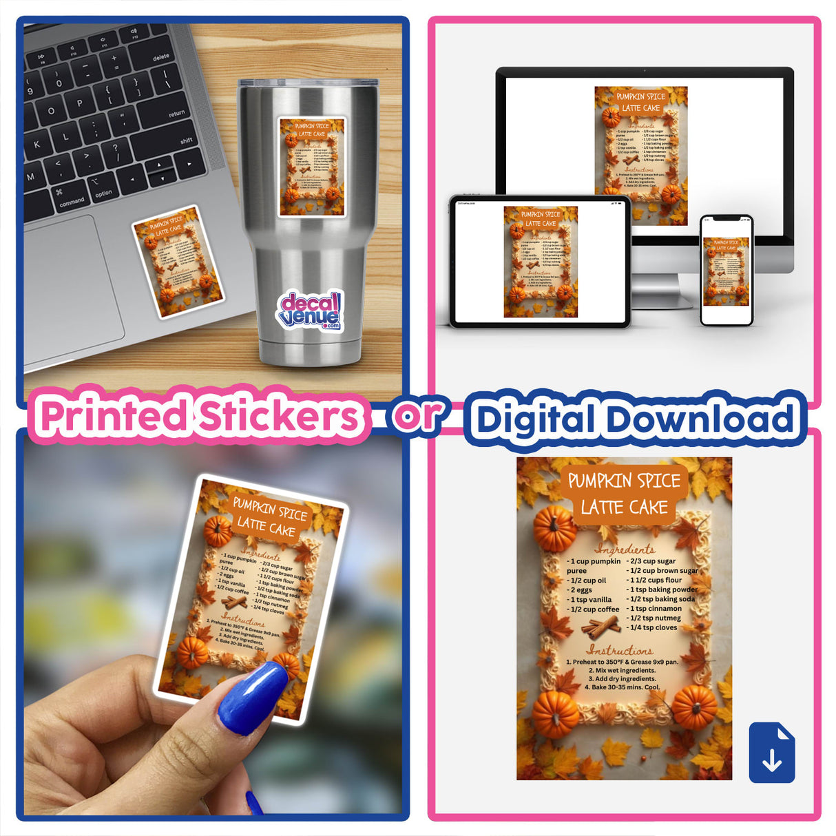 Pumpkin Spice Latte Cake Recipe Clipart – Stickers or Download with Commercial Rights, featuring a digital collage of a laptop, phone, and recipe elements.