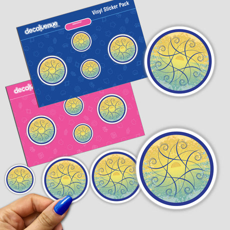 Colorful digital artwork stickers featuring intricate patterns of circular sun designs against a blue and pink background. The sticker pack is displayed and includes various sizes of the sun-inspired stickers.