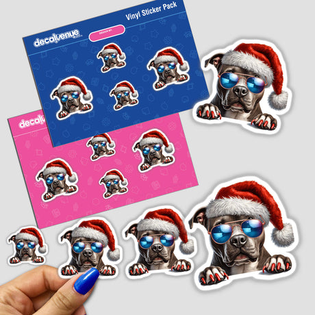 Cool Christmas Pitbull Santa Dog sticker featuring a cartoon pitbull in a Santa hat and sunglasses, available as a unique sticker or digital artwork from Decal Venue.