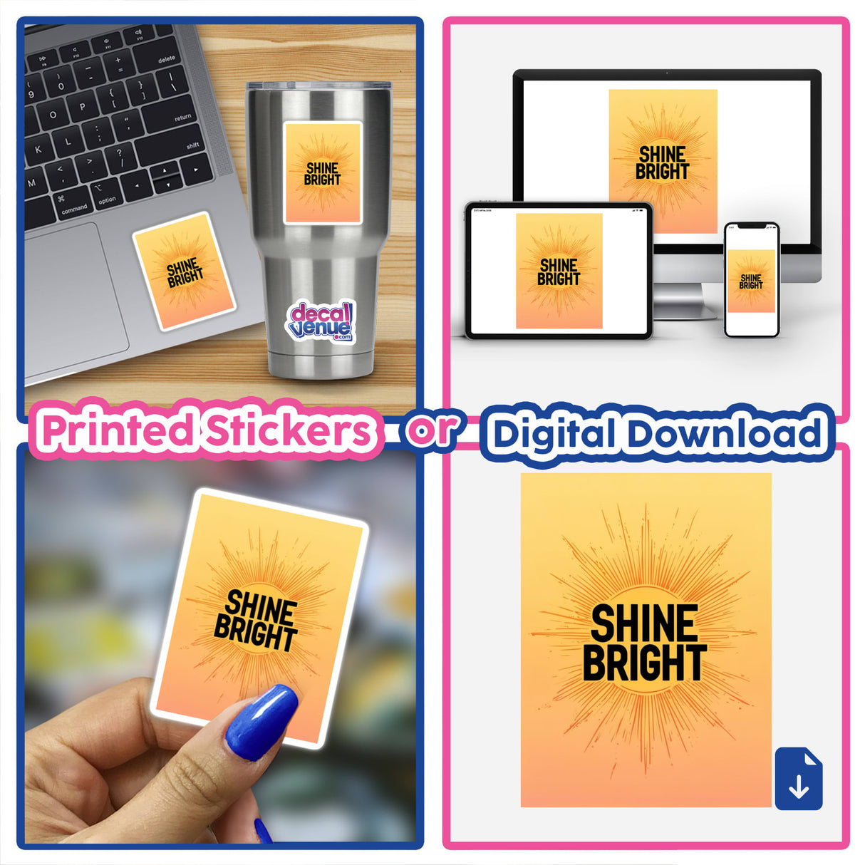 Minimalist Sunburst ‘Shine Bright’ Poster in Yellow and Orange Gradient displayed among various stickers and digital artwork elements, highlighting its vibrant design and motivational message.