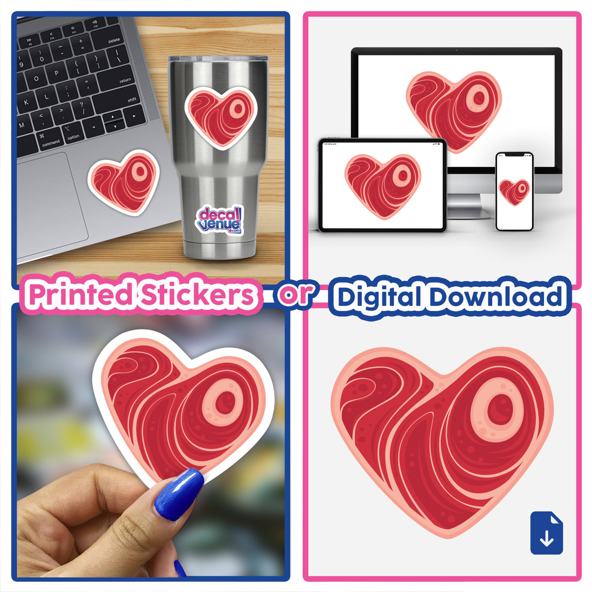 Collage of 'Meat Heart' stickers, featuring a heart-shaped design, displayed on various surfaces like a laptop and fingernail, available individually or in packs from Decal Venue.