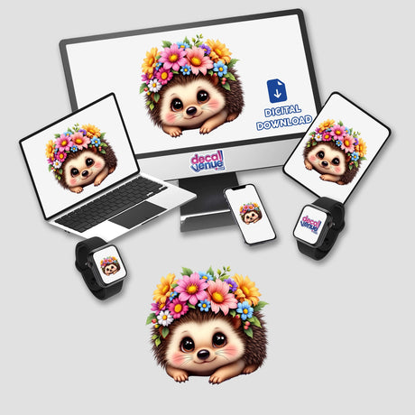 Cute Hedgehog with a Floral Crown displayed on various devices, highlighting its availability as stickers or digital artwork, suitable for unique decor from Decal Venue.