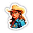 A Cute American Cowgirl wearing a cowboy hat, suitable as a sticker or digital artwork, capturing a close-up of her face and hat, embodying unique and artistic flair.