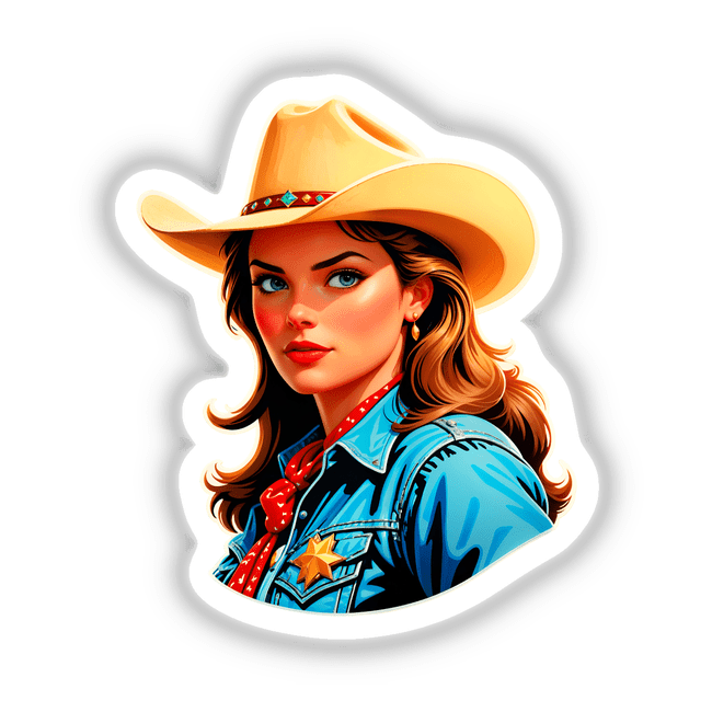 A Cute American Cowgirl wearing a cowboy hat, suitable as a sticker or digital artwork, capturing a close-up of her face and hat, embodying unique and artistic flair.