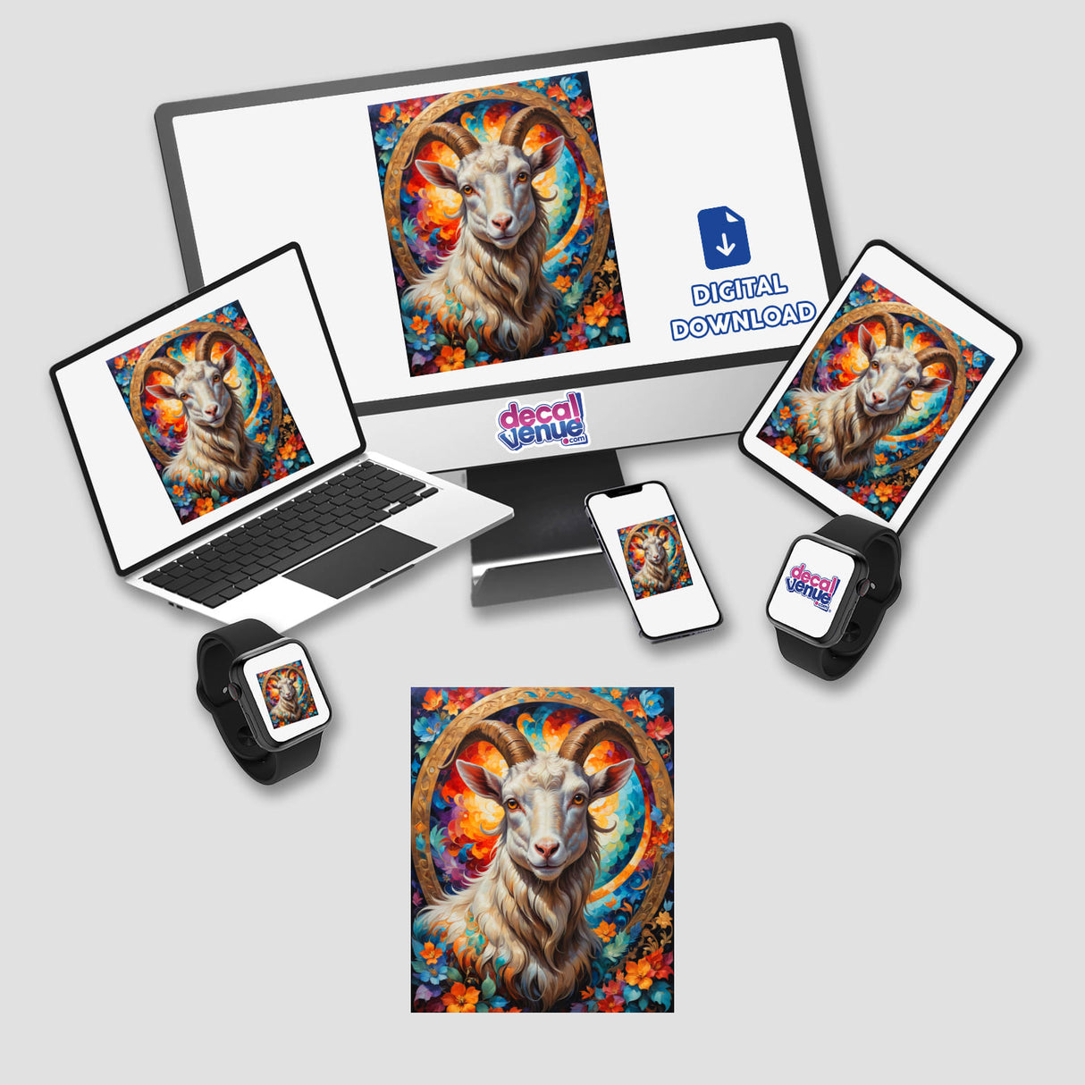 A Cute Goat With Blooming Flowers displayed on a computer monitor and laptop, available as stickers or digital artwork.