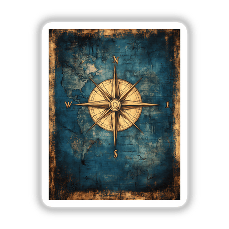 Compass Rose on Vintage World Map featuring a detailed compass overlaying an antique world map background. Available as stickers or digital artwork.