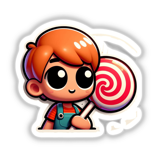 AI-generated art of a cartoon boy holding a lollipop, available as stickers or digital artwork from Decal Venue.