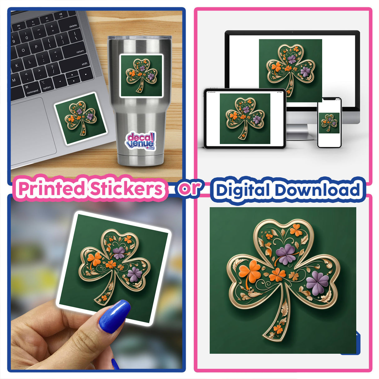 Floral Shamrock – Elegant Clover with Gold Accents and Colorful Flowers, showcased in a collage of clover-themed imagery, highlighting its availability as stickers or digital artwork.