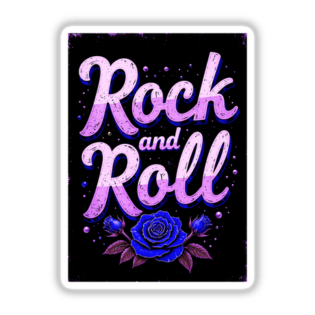 Rock And Roll Roses poster featuring a blue rose with purple leaves and artistic typography, available as stickers or digital artwork, reflecting Decal Venue's unique graphic design offerings.